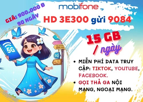 Gói cước 3E300 Mobifone: Ưu đãi 15GB mỗi ngày, gọi thả ga, dùng 90 ngày