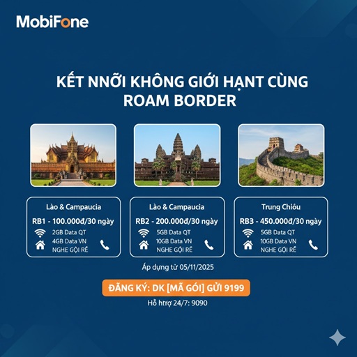 Gói cước Roam Border MobiFone - Dành cho tín độ đi du lịch nước ngoài Lào, Campuchia và Trung Quốc